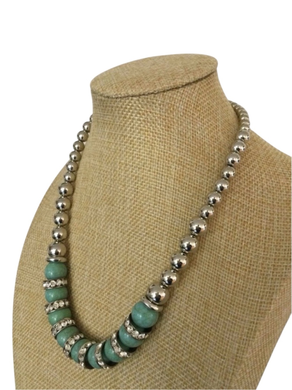 Vintage Estate Silver Bead & Dyed Agate Necklace w/ Sterling Rhinestone Spacers - Picture 9 of 12
